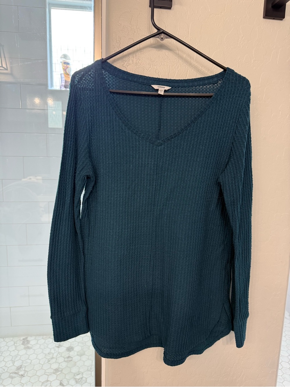 Sonoma Teal V-Neck Waffle Knit Long Sleeve Top